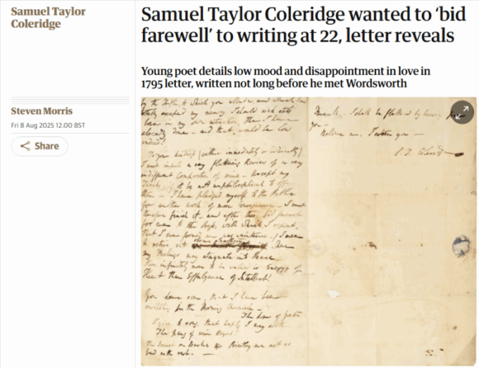 The Guardian: Samuel Taylor Coleridge wanted to 'bid farewell' to writing at 22
