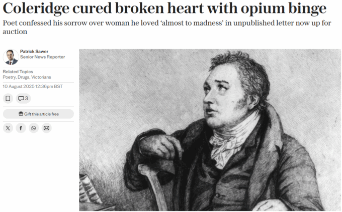 The Telegraph: Coleridge cured broken heart with opium binge